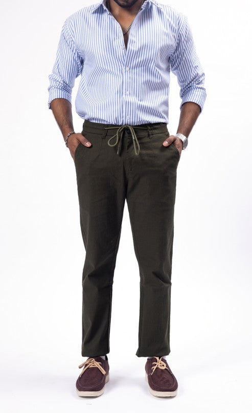 Blue Striped Oxford Cotton Shirt & Olive Linen Pant Regular Fit Combo