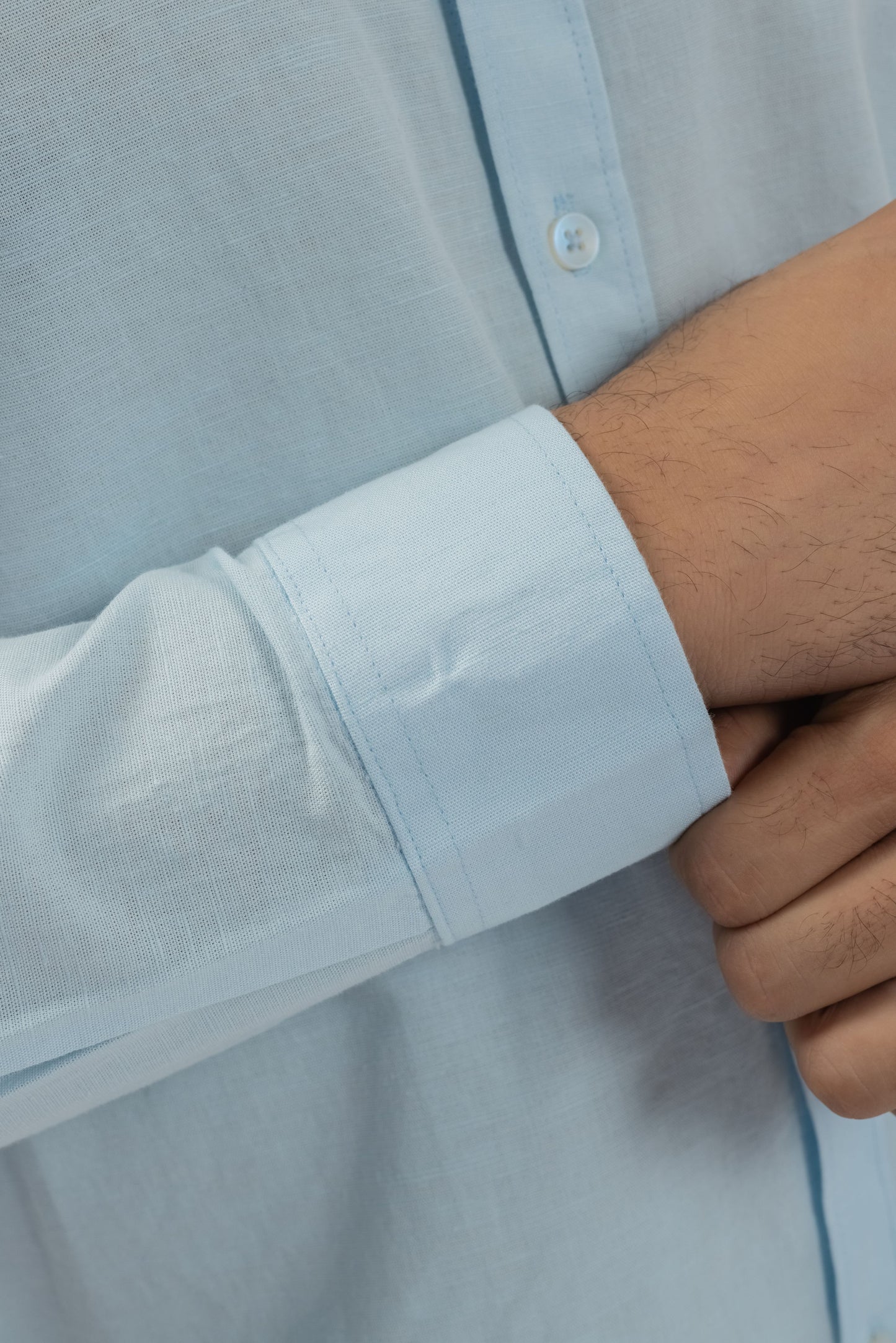 Sky Blue Mandarin Collar Shirt | Pure Linen Blend Full Sleeves
