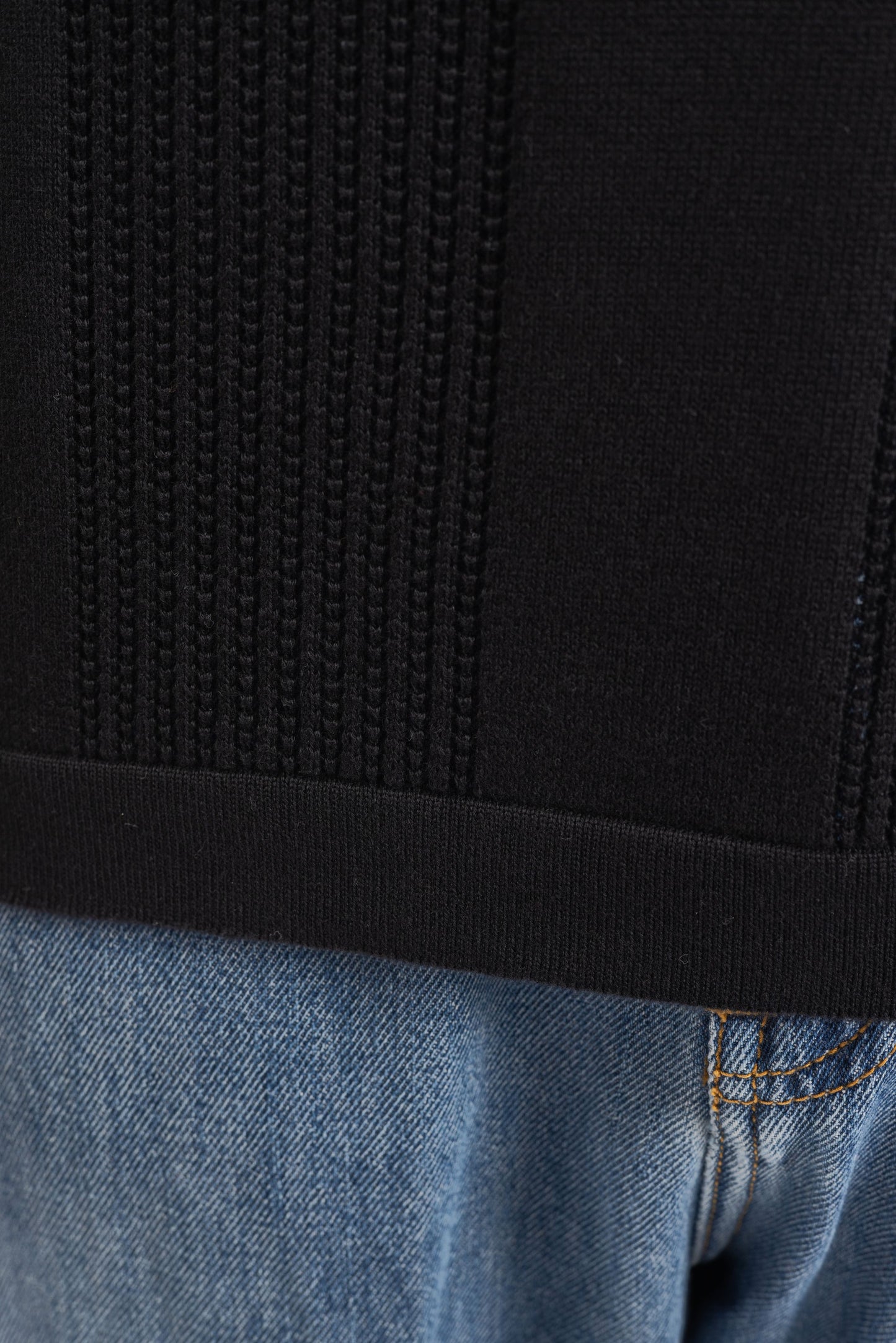 Black Knitted Open-Collar Polo | Textured Cotton Knit
