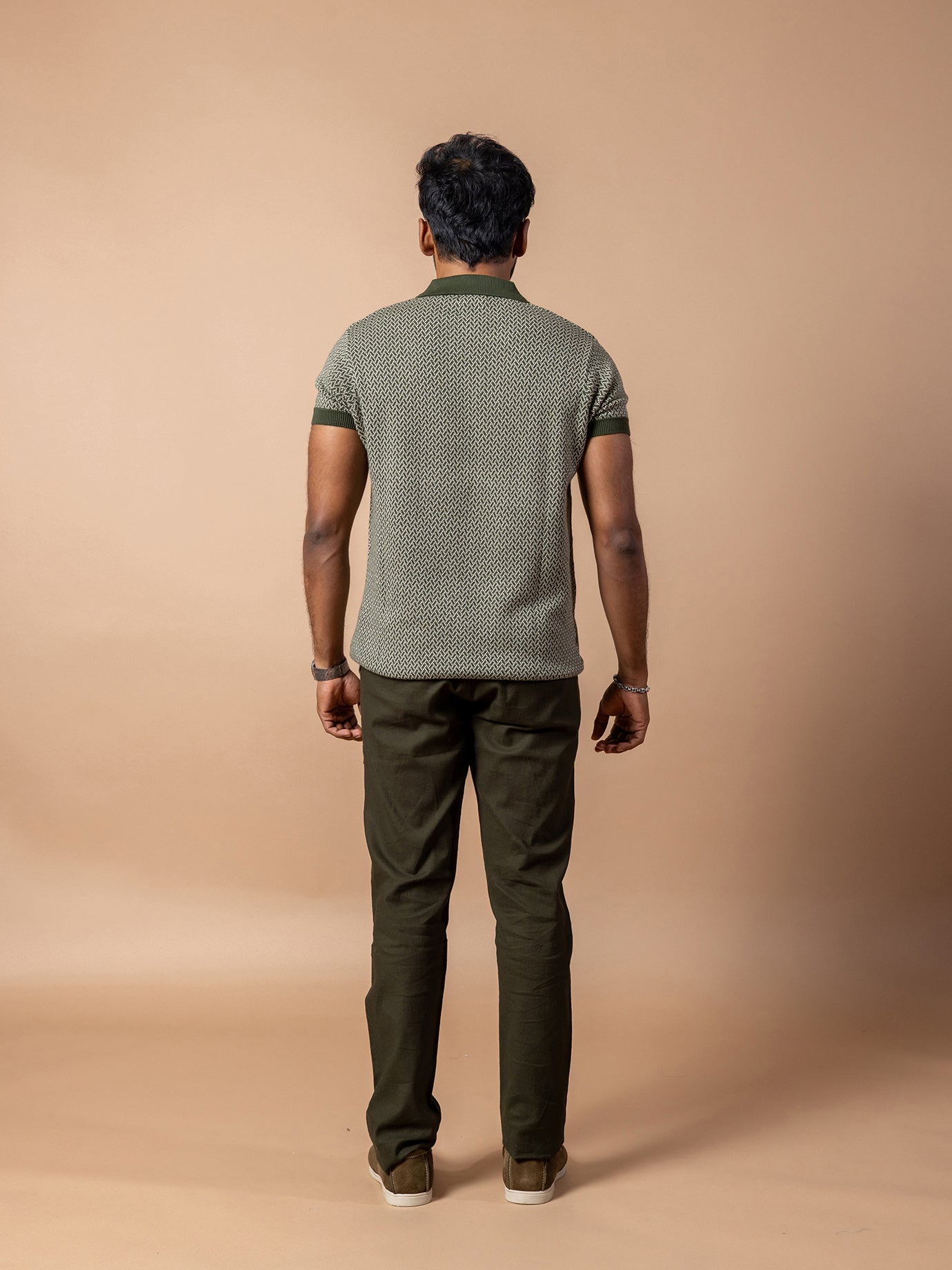Olive Jacquard Knit Polo T-Shirt & Olive Linen Pant Regular Fit Combo