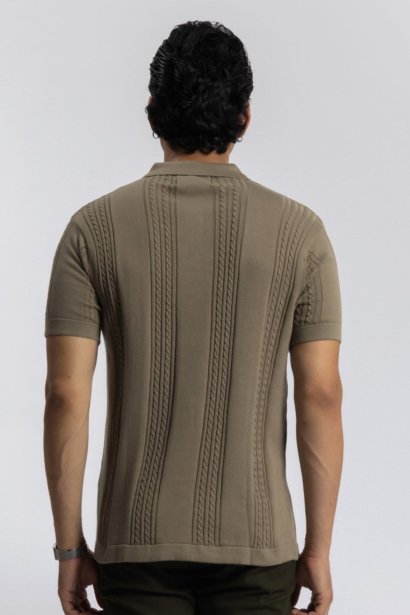 Soft Sepia Cable Knit Polo T-shirt for Men | 100% Cotton