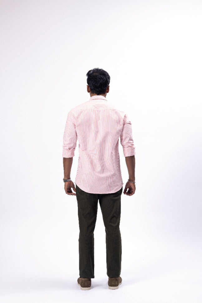 Pink Striped Oxford Cotton Shirt & Olive Linen Pant Regular Fit Combo