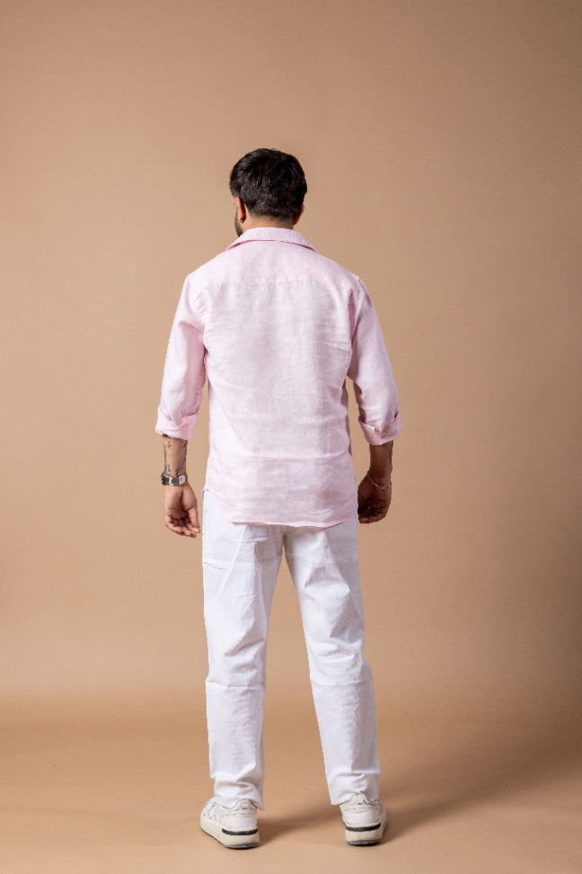 Pearl Pink European 60 Lea Linen Shirt & White Linen Pant Regular Fit Combo