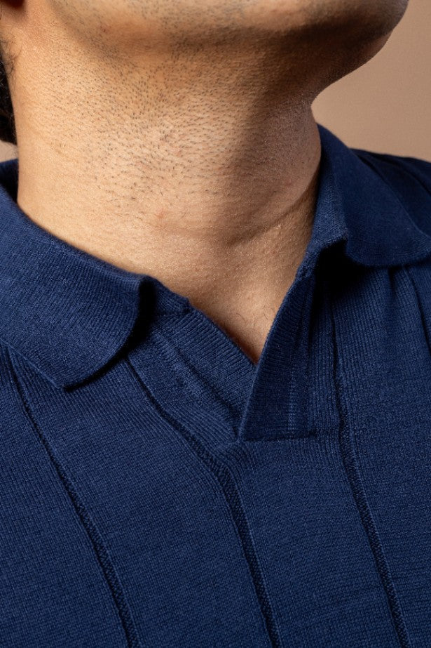 Navy Blue Rib Knit Polo T-Shirt & Beige Linen Pant Regular Fit Combo