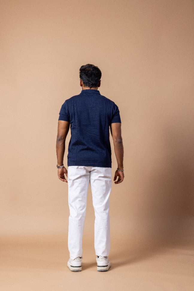 Navy Blue Rib Knit Polo T-Shirt & White Linen Pant Regular Fit Combo