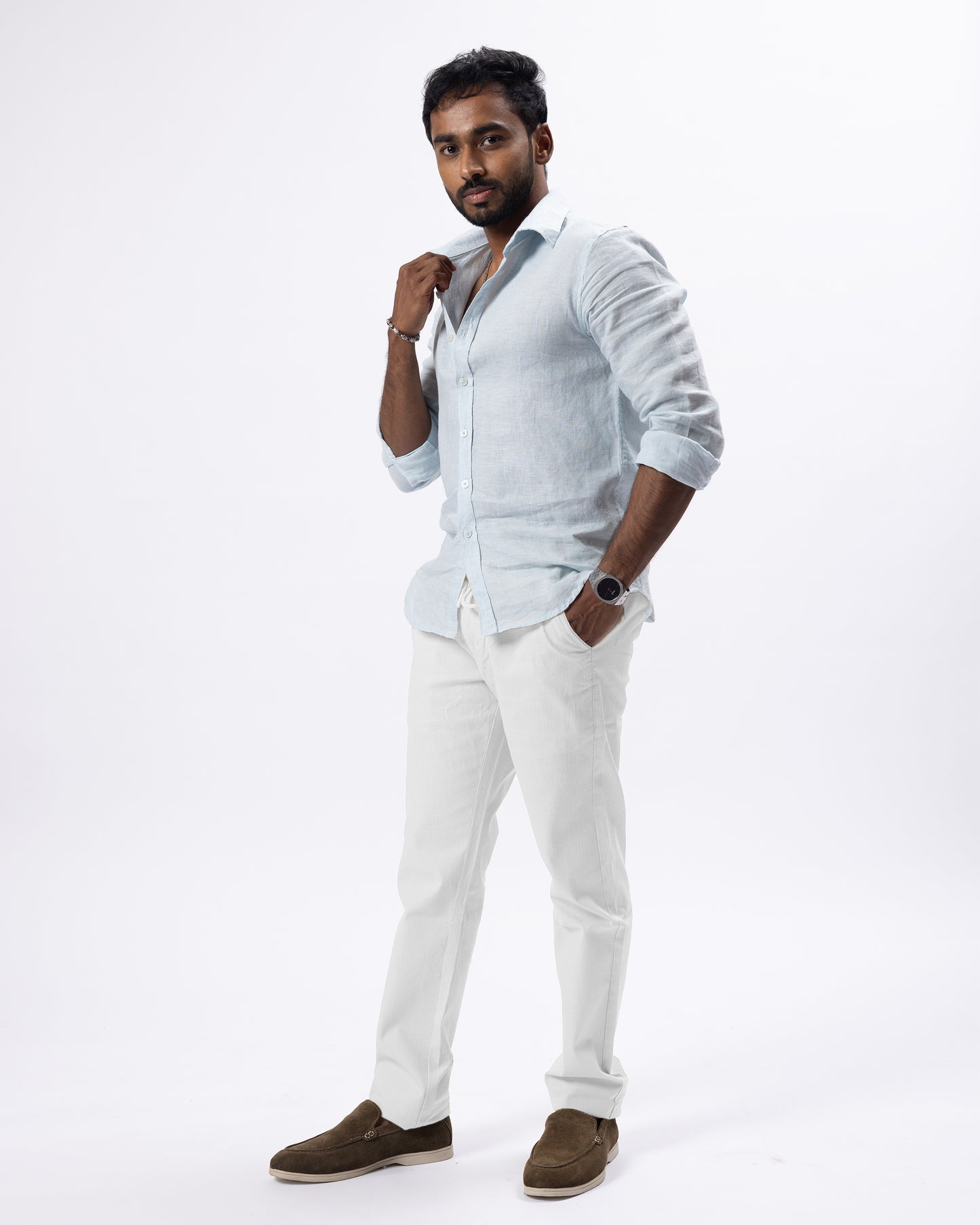 Sky Blue European 60 Lea Linen Shirt & White Linen Pant Regular Fit Combo