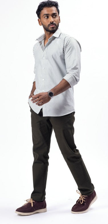 Olive Striped Oxford Cotton Shirt & Olive Linen Pant Regular Fit Combo