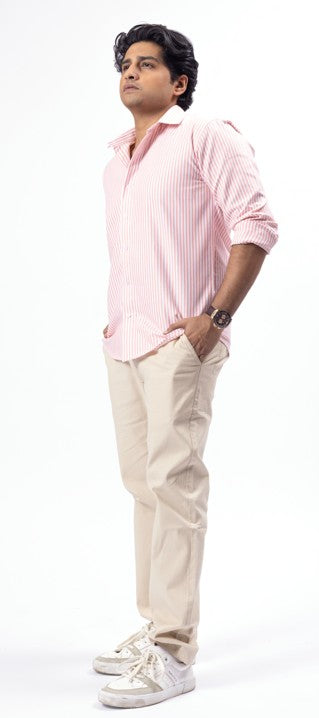 Pink Striped Oxford Cotton Shirt & Beige Linen Pant Regular Fit Combo
