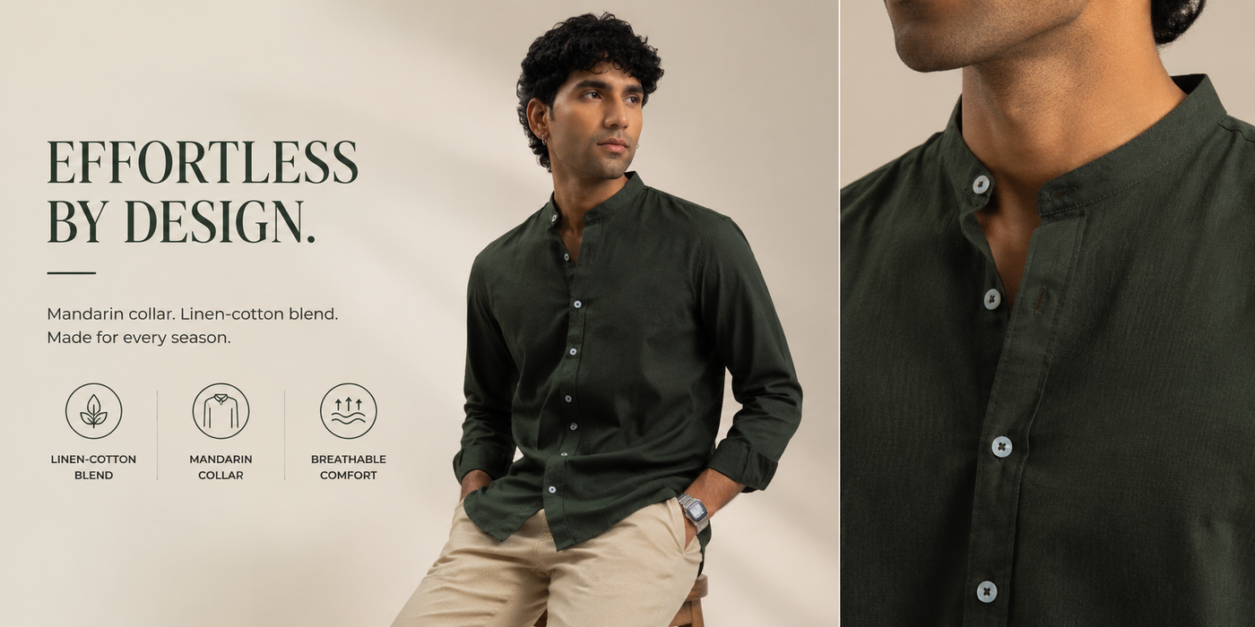Forest Green Mandarin Collar Linen Shirt for Men | Pure Linen Blend Full Sleeve Shirt