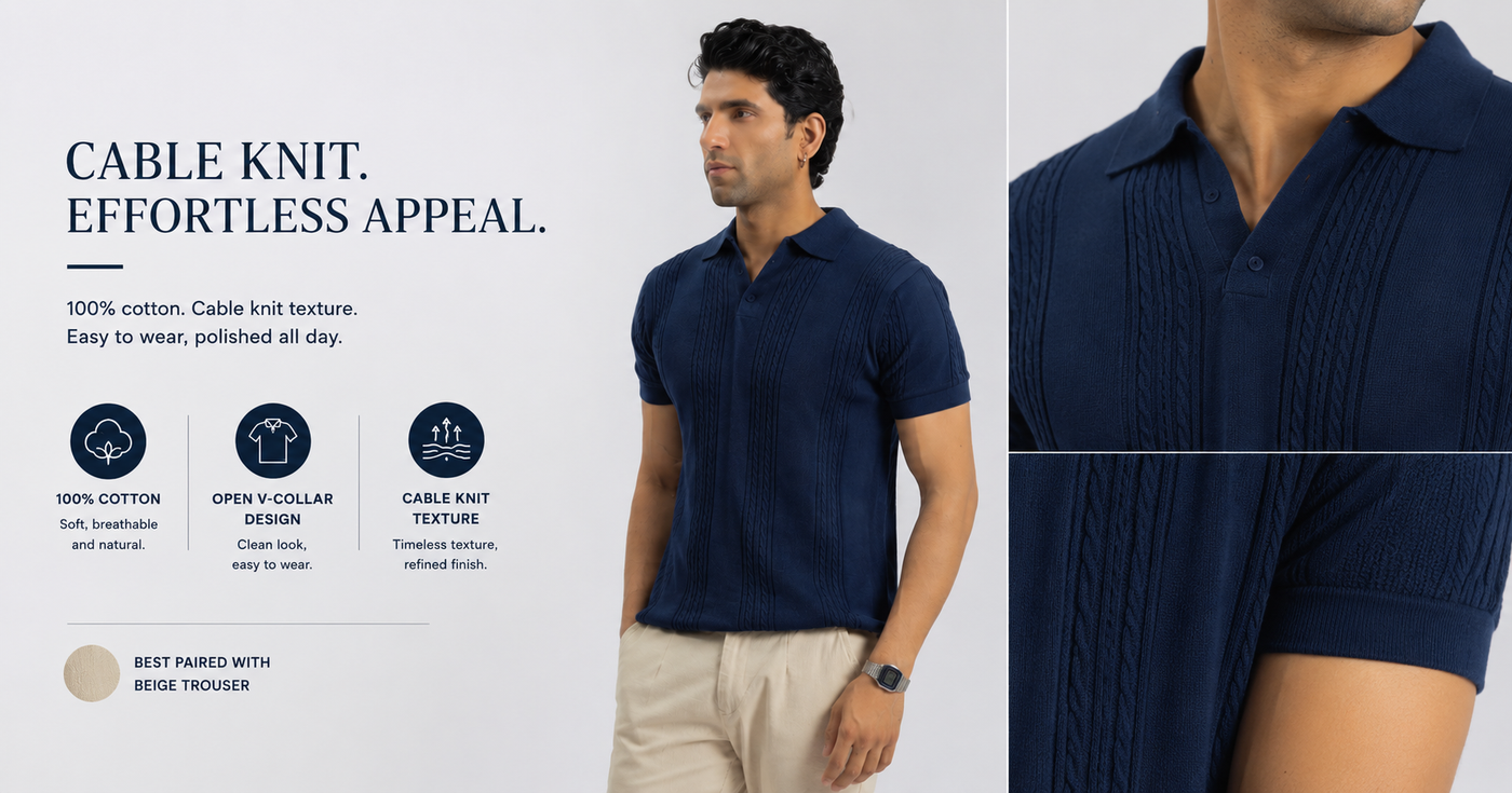 Cobalt Blue Cable Knit Polo T-shirt for Men | 100% Knit Cotton
