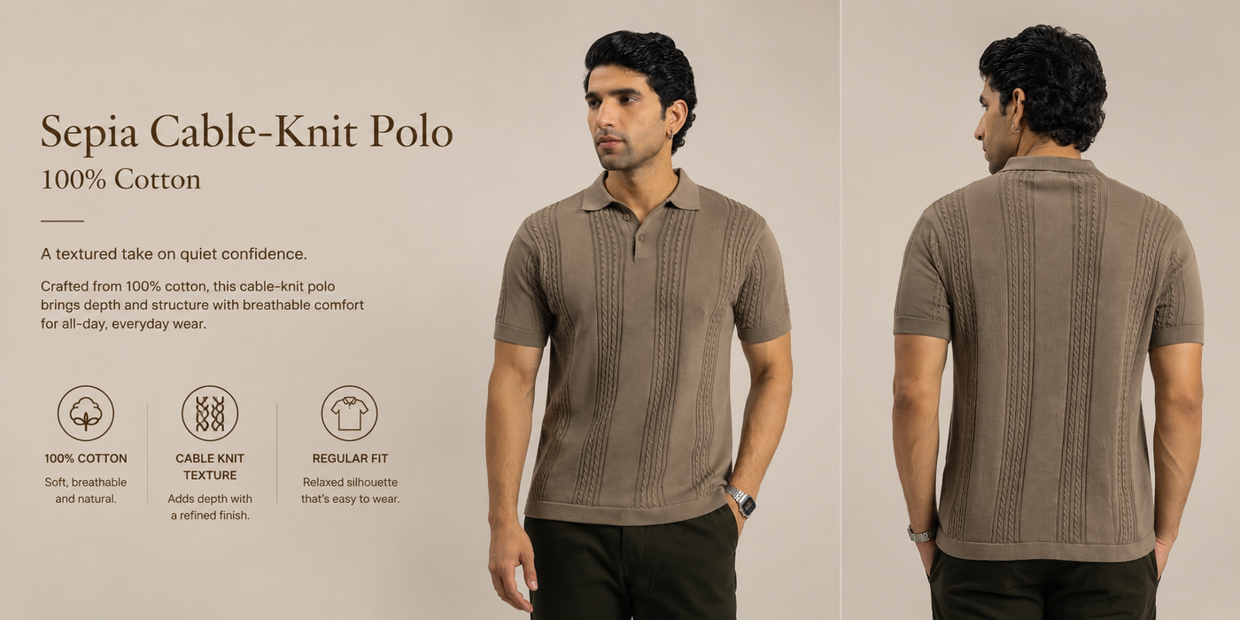 Soft Sepia Cable Knit Polo T-shirt for Men | 100% Cotton