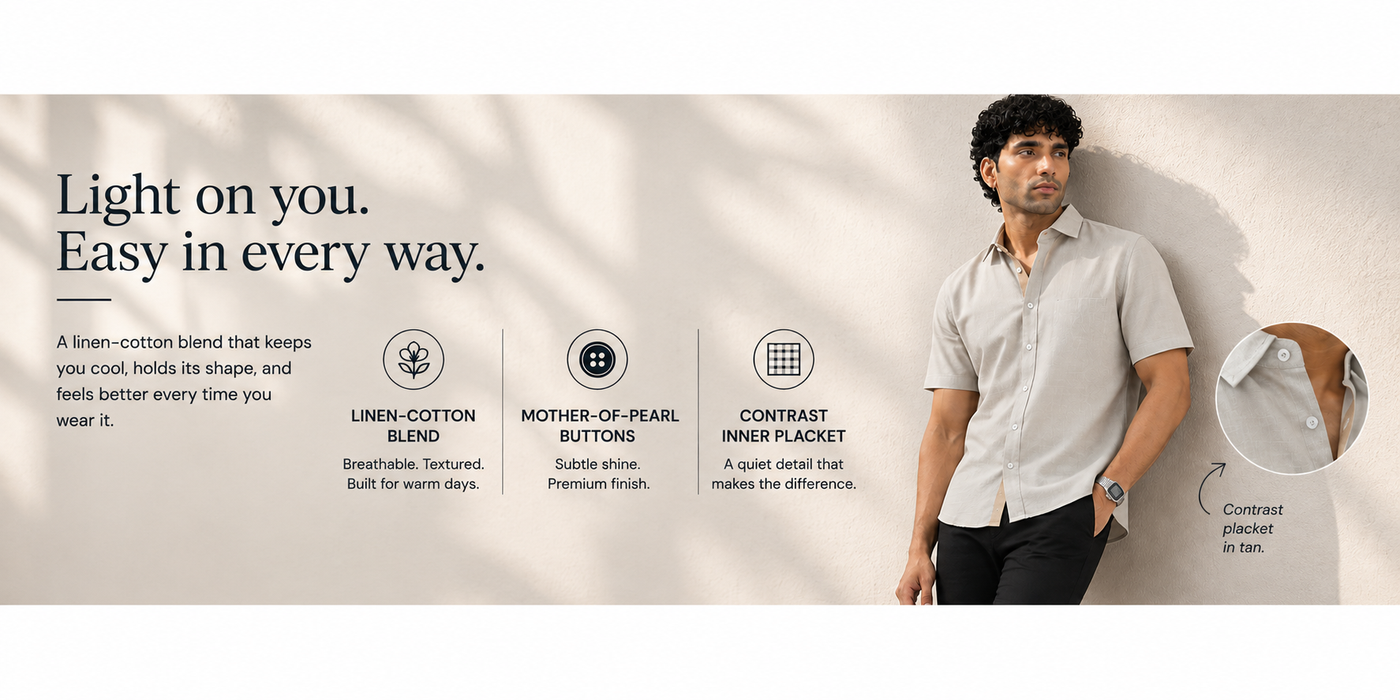 Ash Grey Half-Sleeve Linen Blend Shirt with Contrast Placket