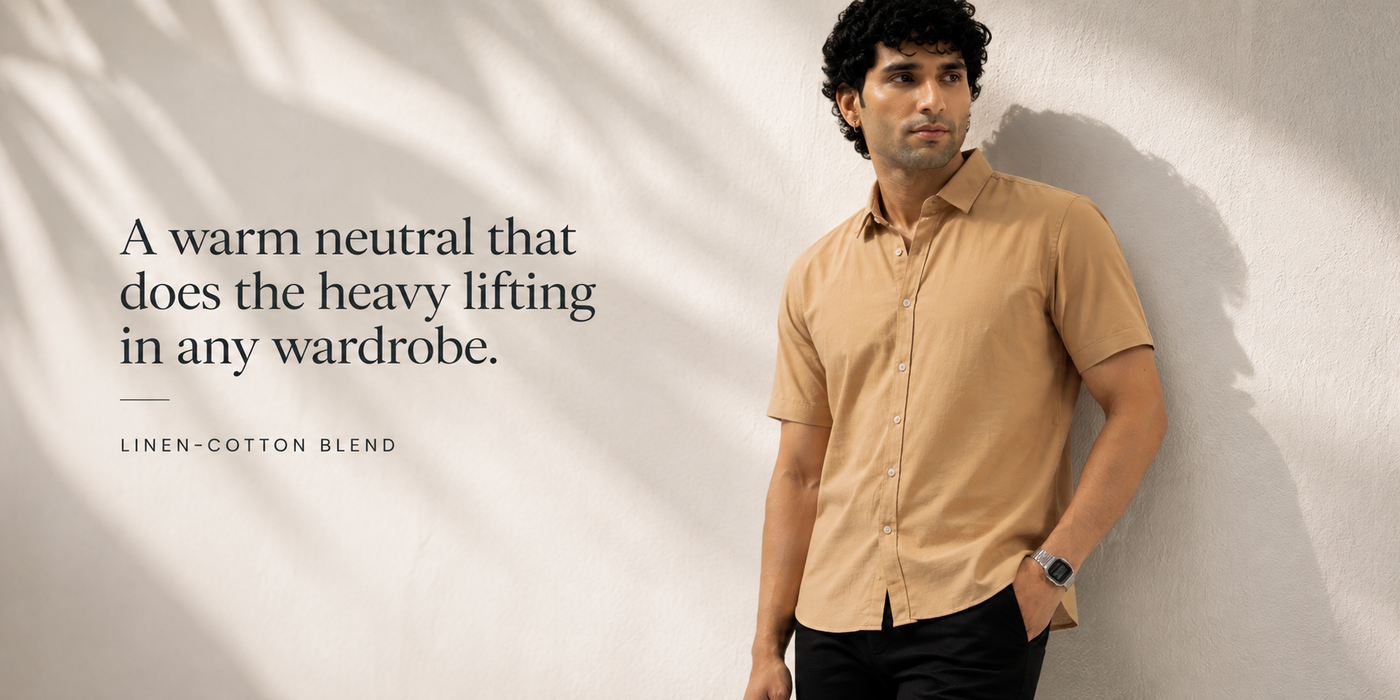 Camel Tan Half-Sleeve Linen Blend Shirt