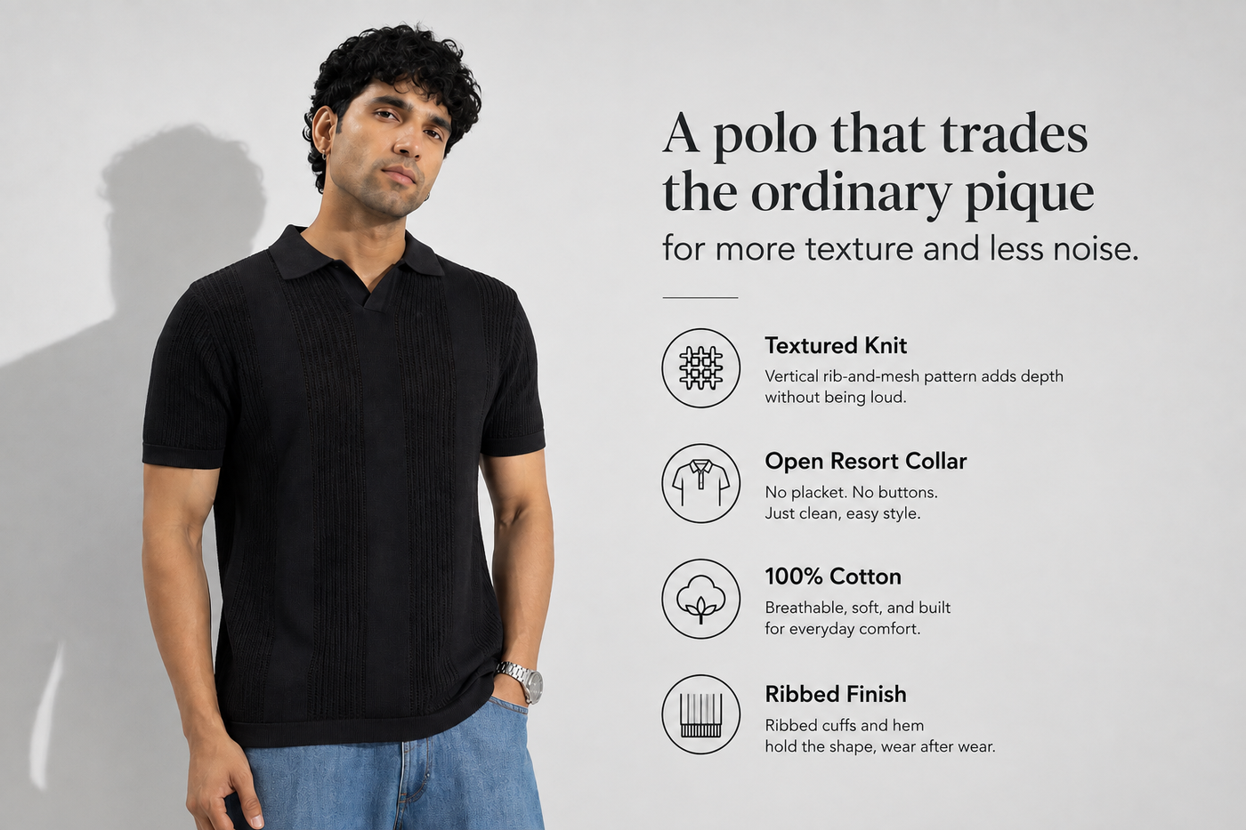 Black Knitted Open-Collar Polo | Textured Cotton Knit