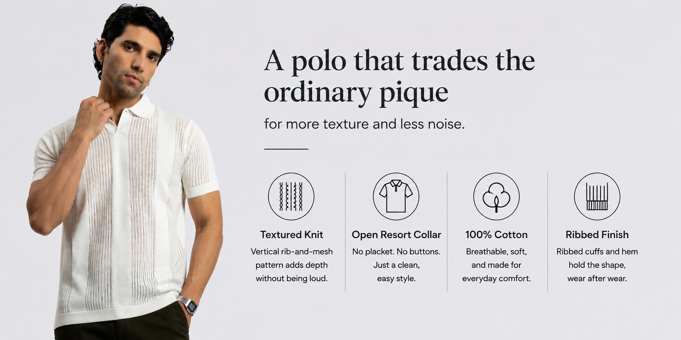 White Knitted Open-Collar Polo | Textured Cotton Knit