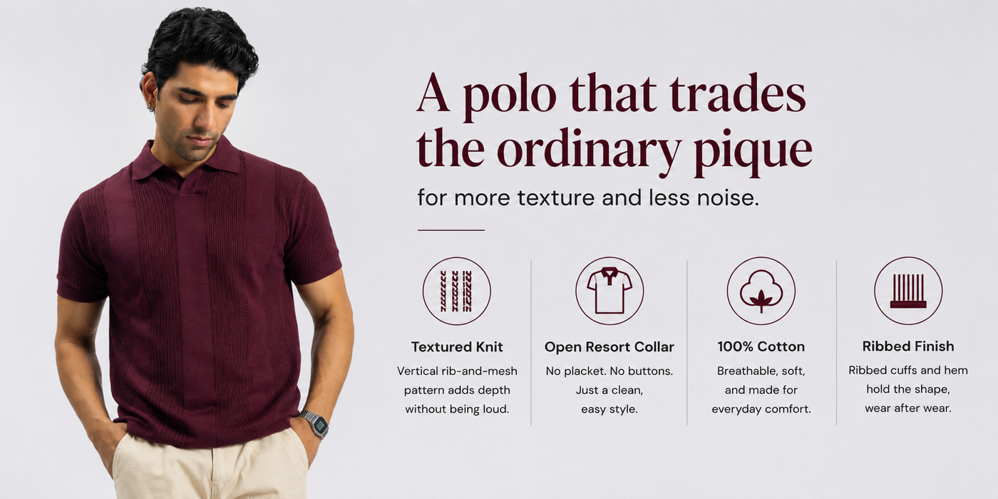Burgundy Knitted Open-Collar Polo | Textured Cotton Knit