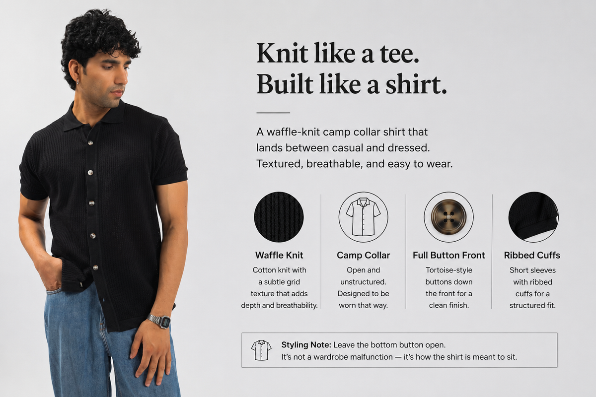 Black Textured Button-Front Knitted Shirt