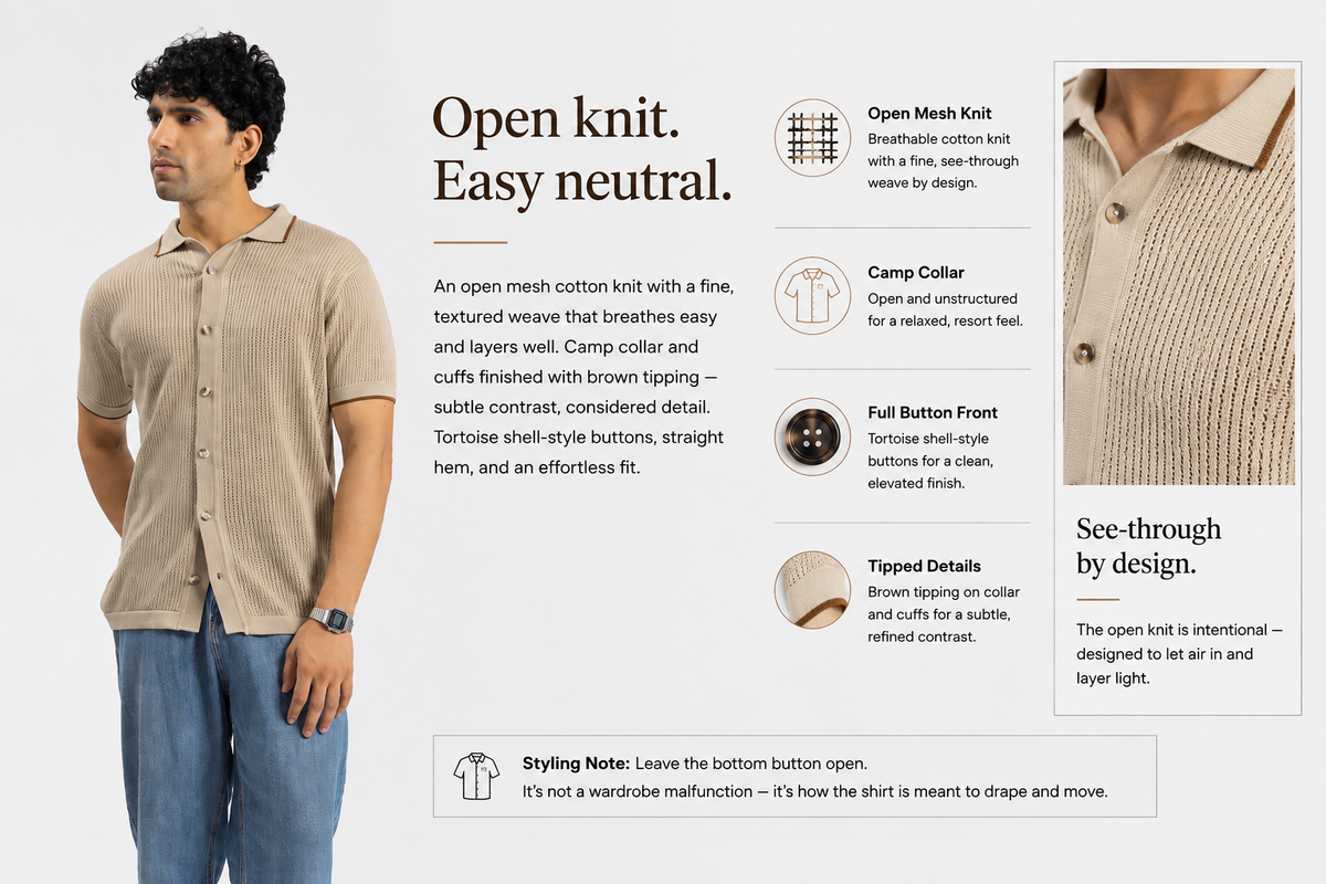 Beige Mesh Button-Front Knitted Shirt