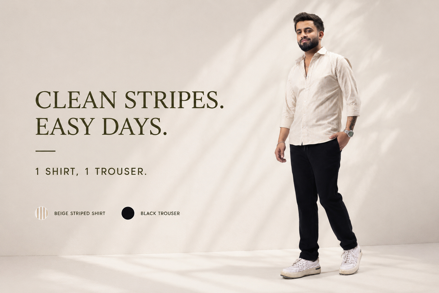 Beige Striped Oxford Cotton Shirt & Black Linen Pant Regular Fit Combo