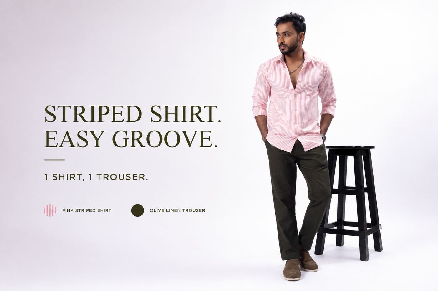 Pink Striped Oxford Cotton Shirt & Olive Linen Pant Regular Fit Combo