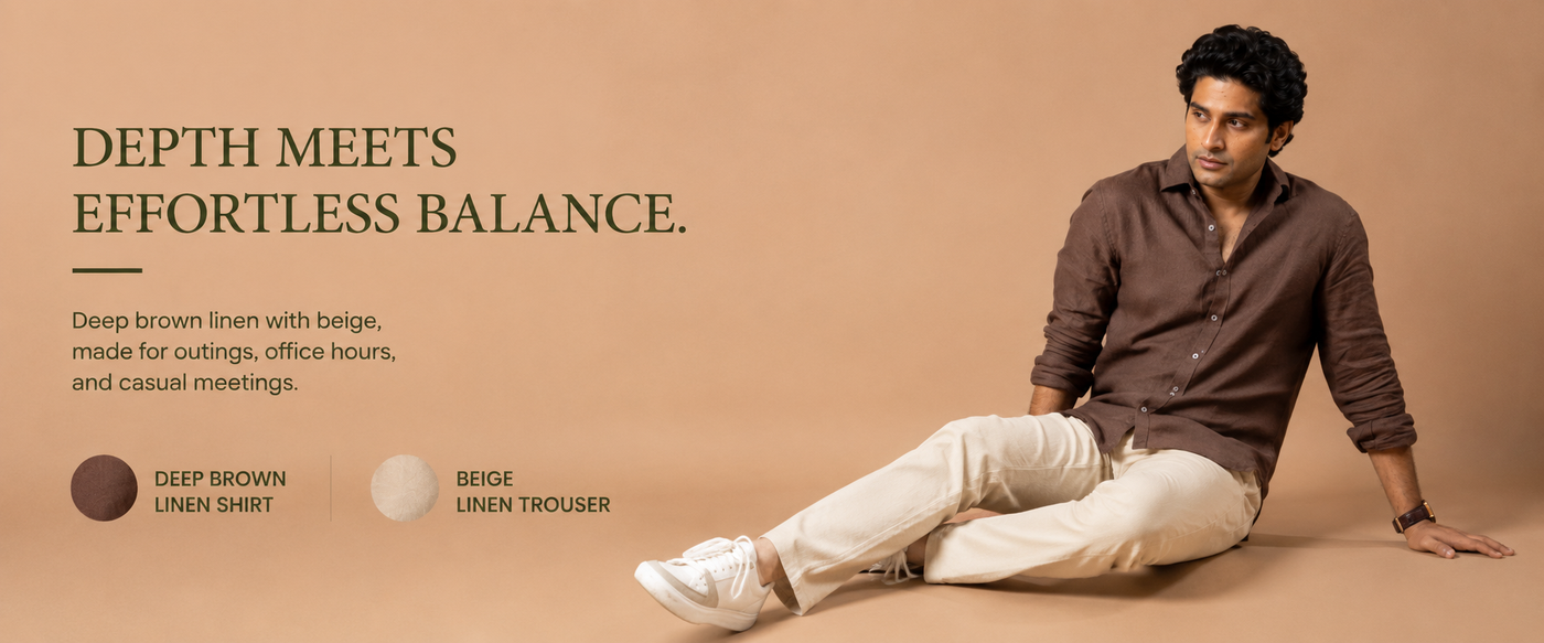 Deep Brown European 60 Lea Linen Shirt & Beige Linen Pant Regular Fit Combo