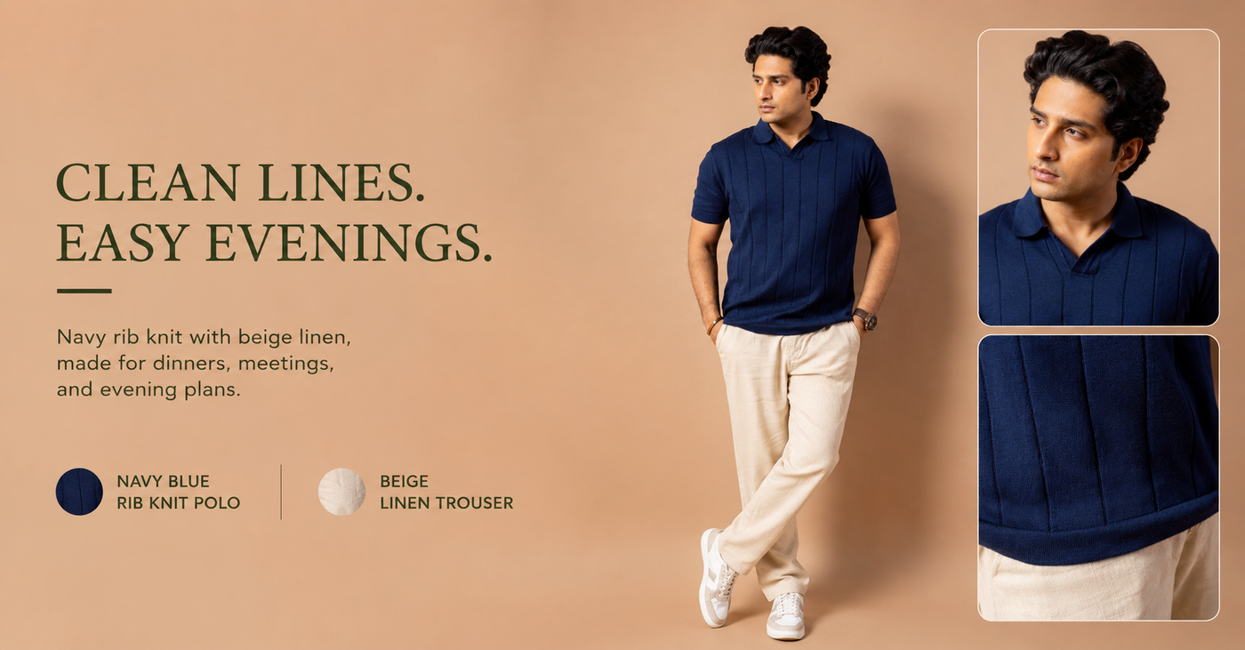 Navy Blue Rib Knit Polo T-Shirt & Beige Linen Pant Regular Fit Combo