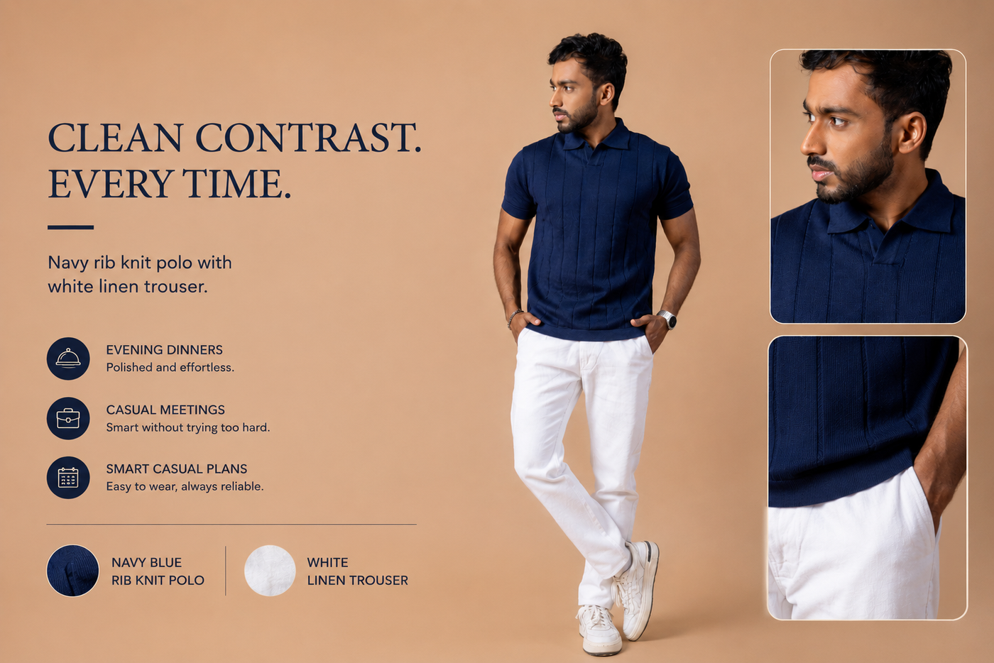 Navy Blue Rib Knit Polo T-Shirt & White Linen Pant Regular Fit Combo