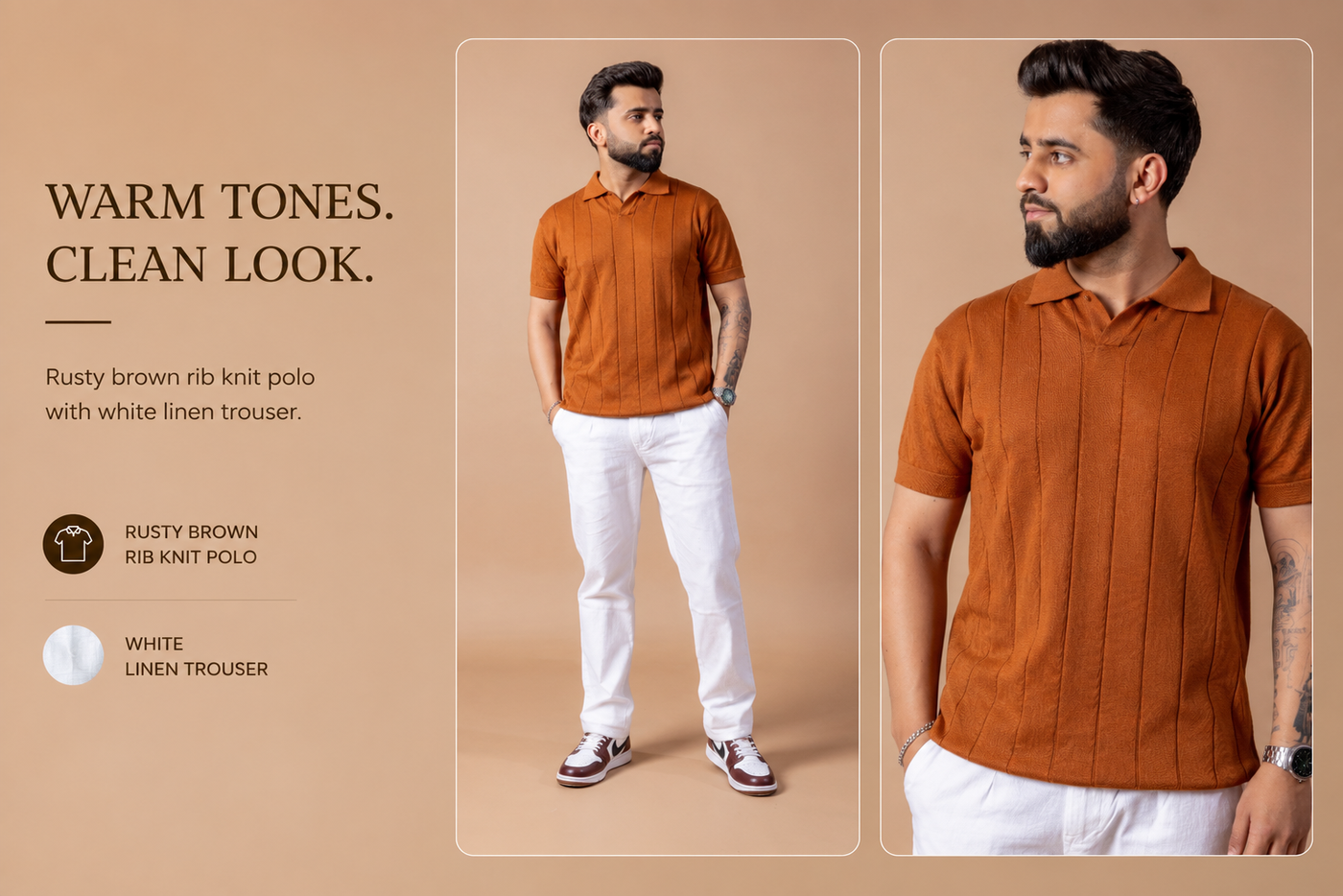 Rusty Brown Rib Knit Polo T-Shirt & White Linen Pant Regular Fit Combo
