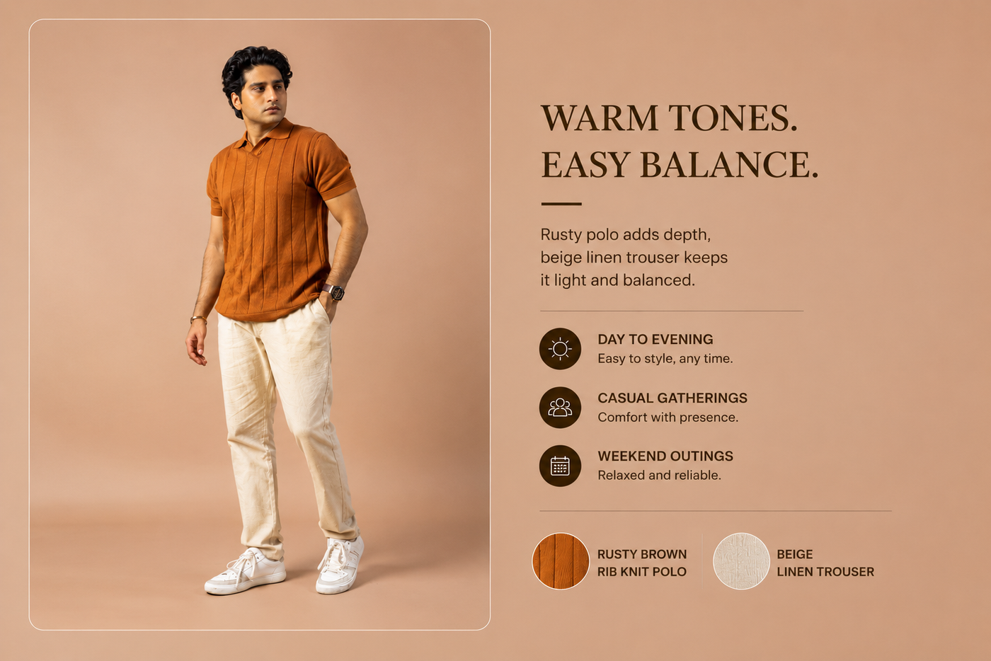 Rusty Brown Rib Knit Polo T-Shirt & Beige Linen Pant Regular Fit Combo