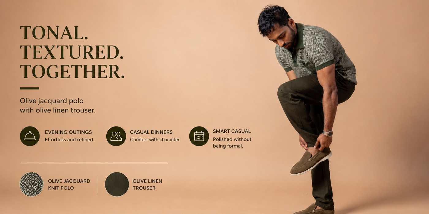 Olive Jacquard Knit Polo T-Shirt & Olive Linen Pant Regular Fit Combo