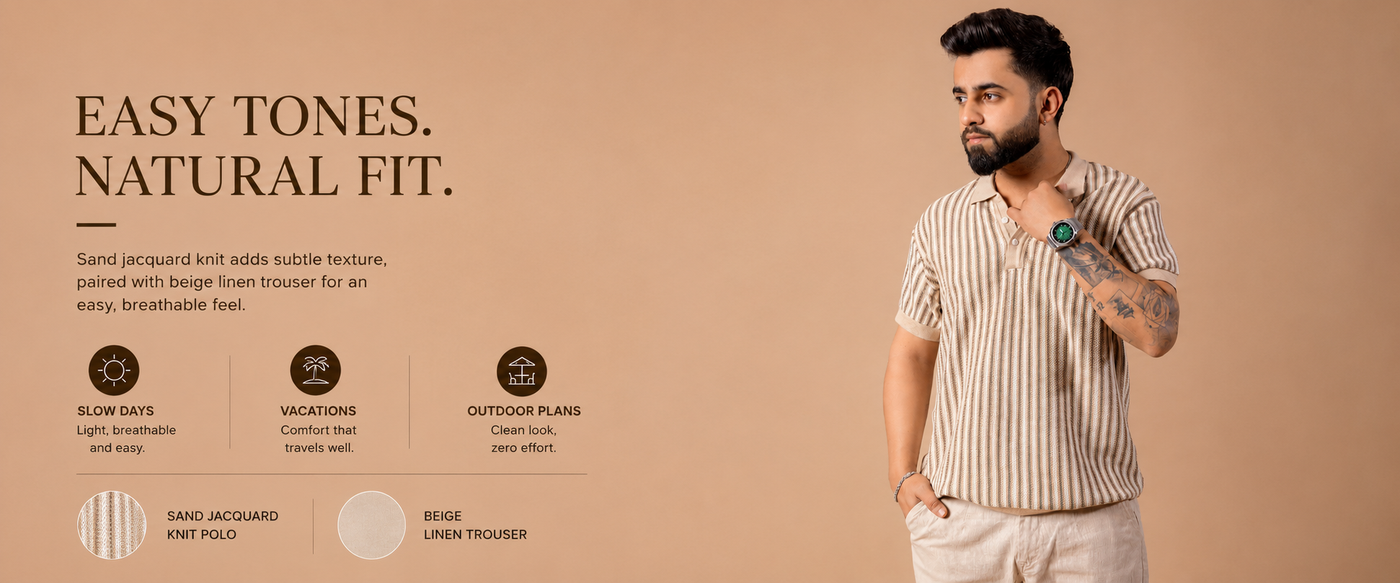 Sandstone Jacquard Knit Polo T-Shirt & Beige Linen Pant Regular Fit Combo
