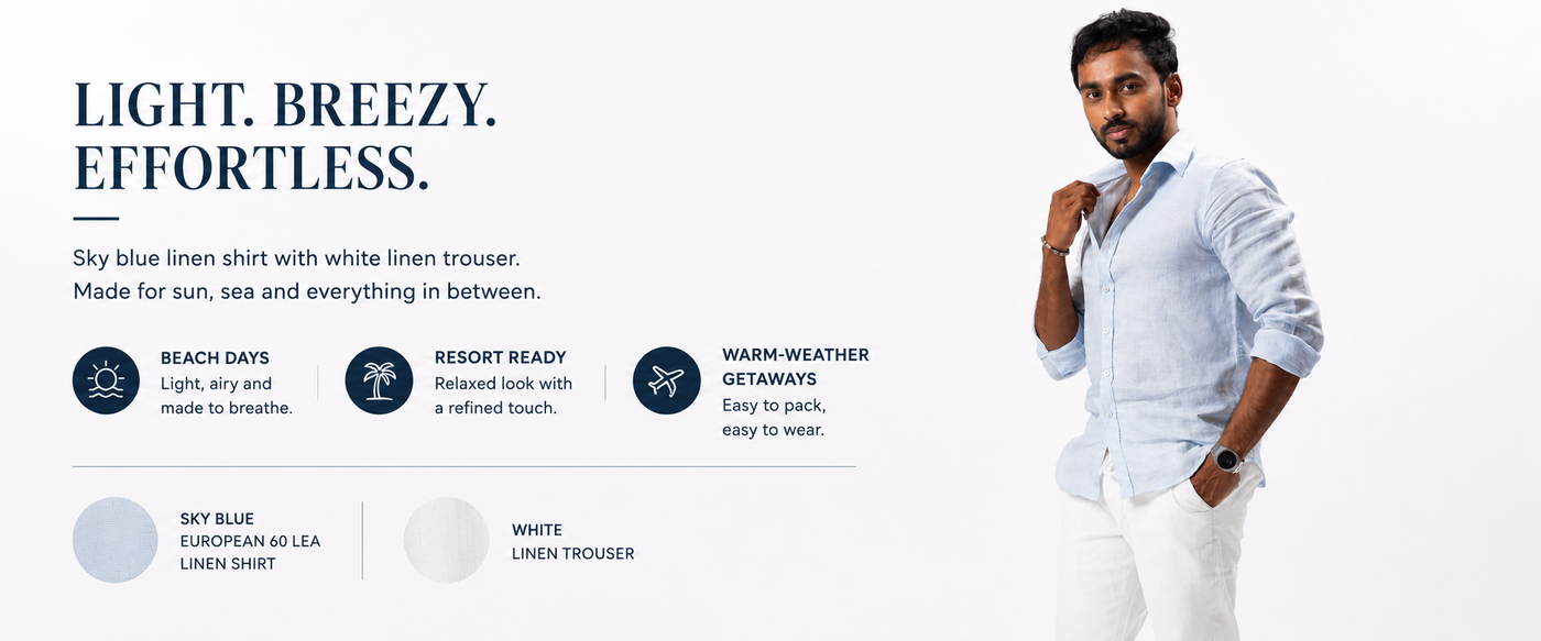 Sky Blue European 60 Lea Linen Shirt & White Linen Pant Regular Fit Combo