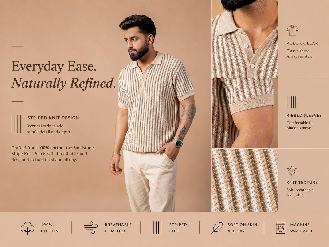 Sandstone Stripe Knit Polo T-shirt for Men | 100% Cotton Regular Fit