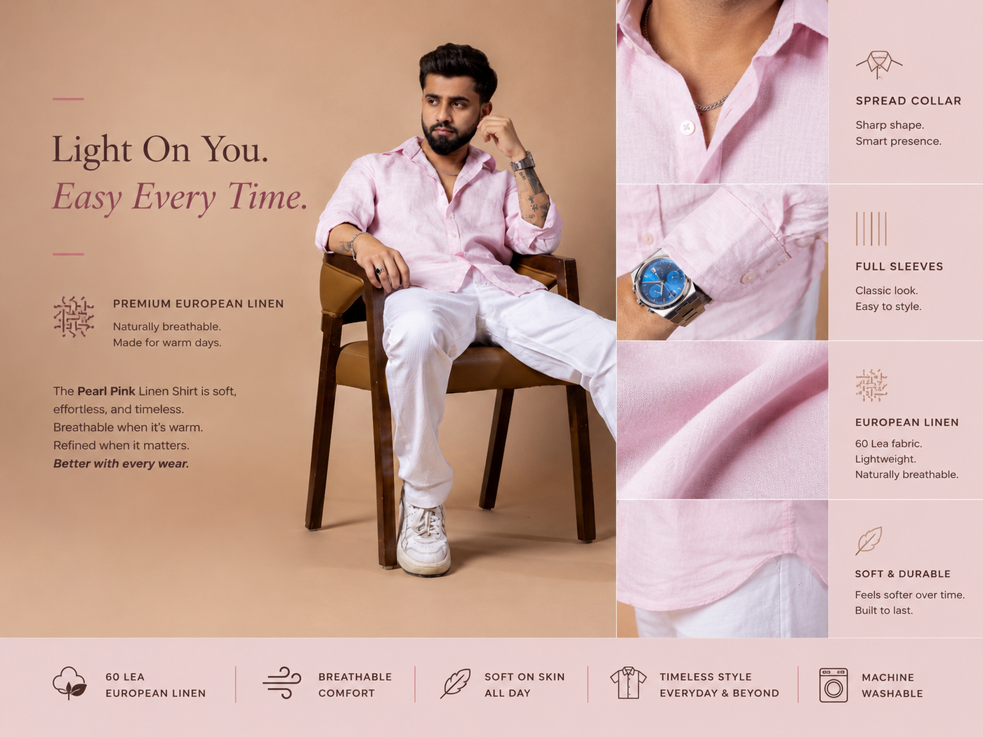 Pearl Pink 100% European Linen for Men | Lightweight Summer Shirt