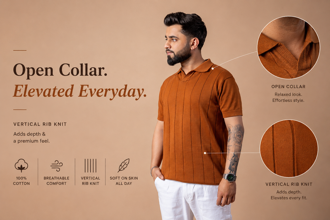 Rusty Brown Rib Knit Polo T-shirt for Men | 100% Cotton Regular Fit Relaxed Collar