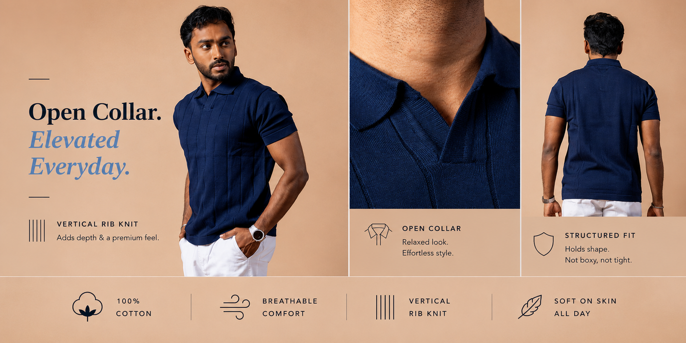 Navy Blue Rib Knit Polo for Men | 100% Cotton Regular Fit Open Collar