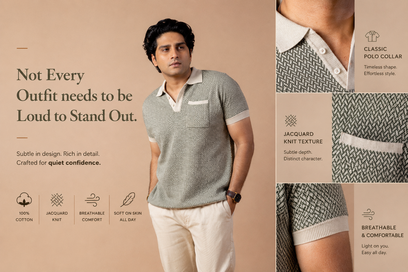 Beige & Olive Jacquard Knit Polo for Men | Premium Cotton Slim Fit