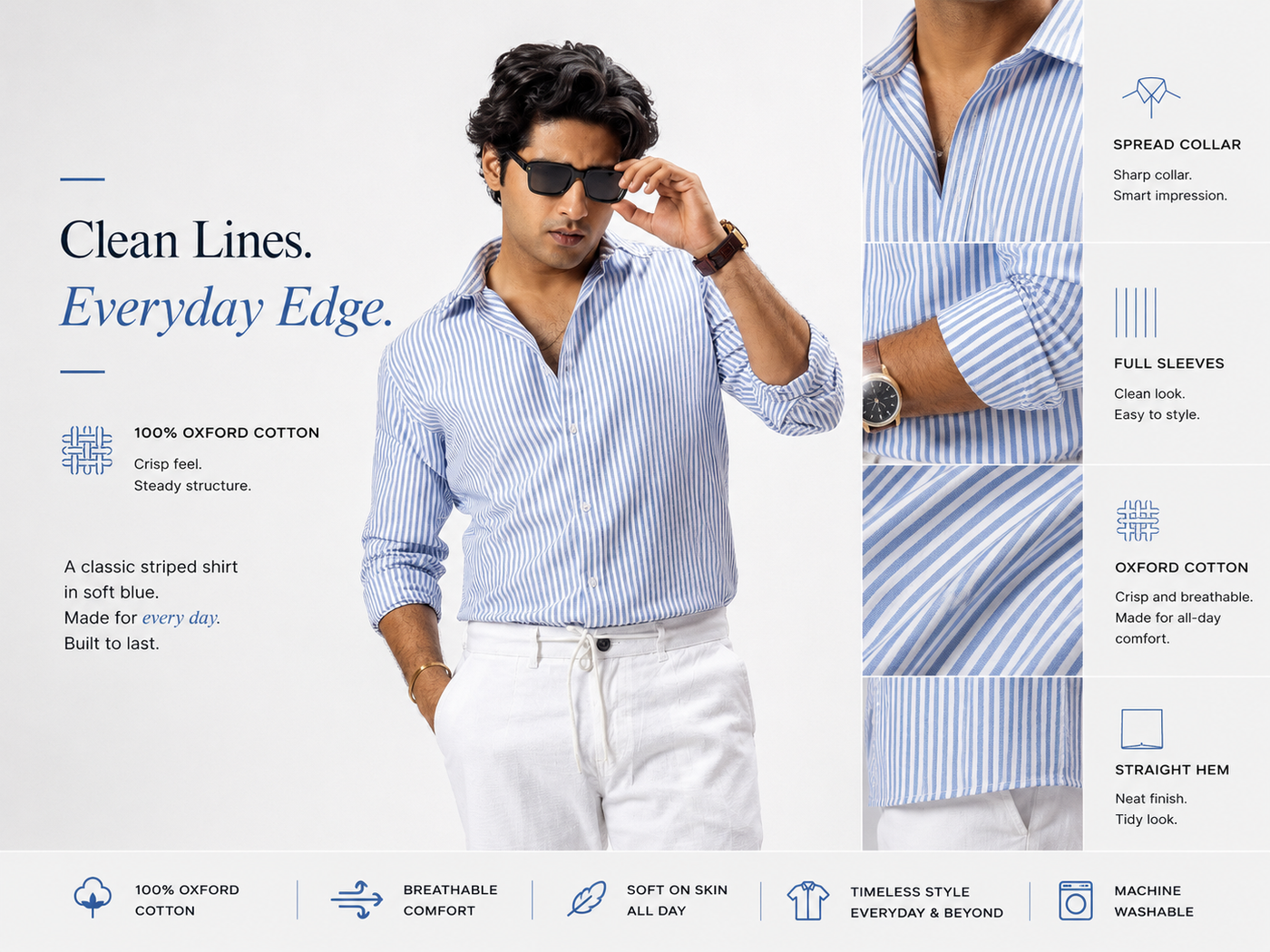 Blue Striped 100% Oxford Cotton Shirt