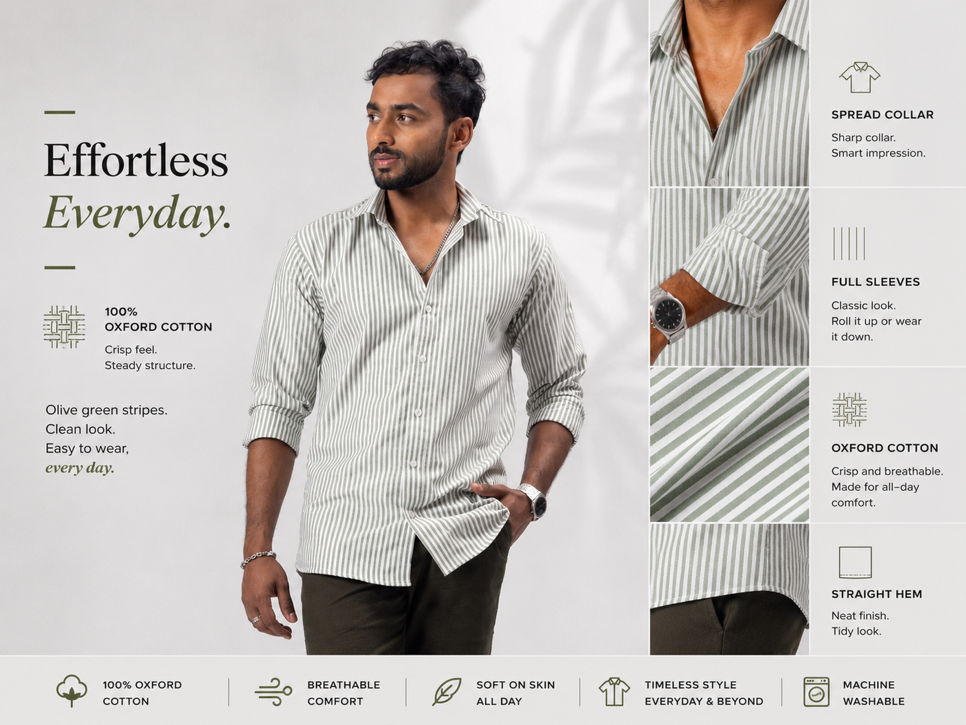 Olive Green Striped 100% Oxford Cotton Shirt
