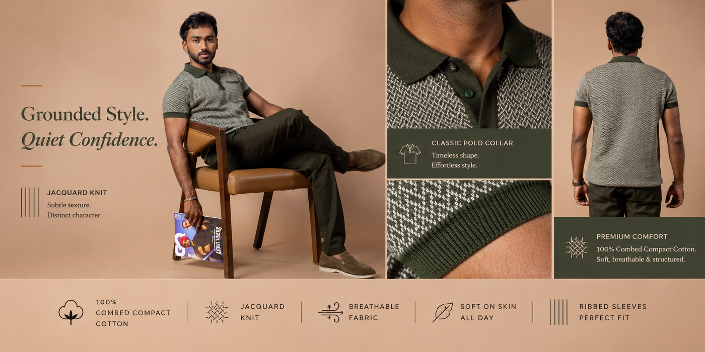 Olive & Beige Jacquard Knit Polo T-shirt for Men | Premium Cotton Slim Fit