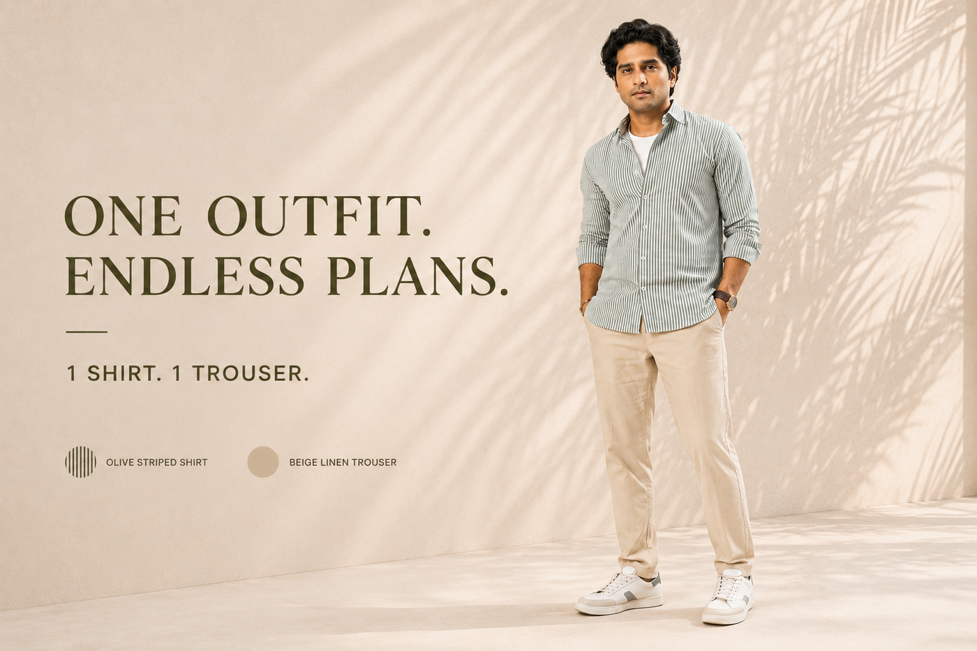 Olive Striped Oxford Cotton Shirt & Beige Linen Pant Regular Fit Combo