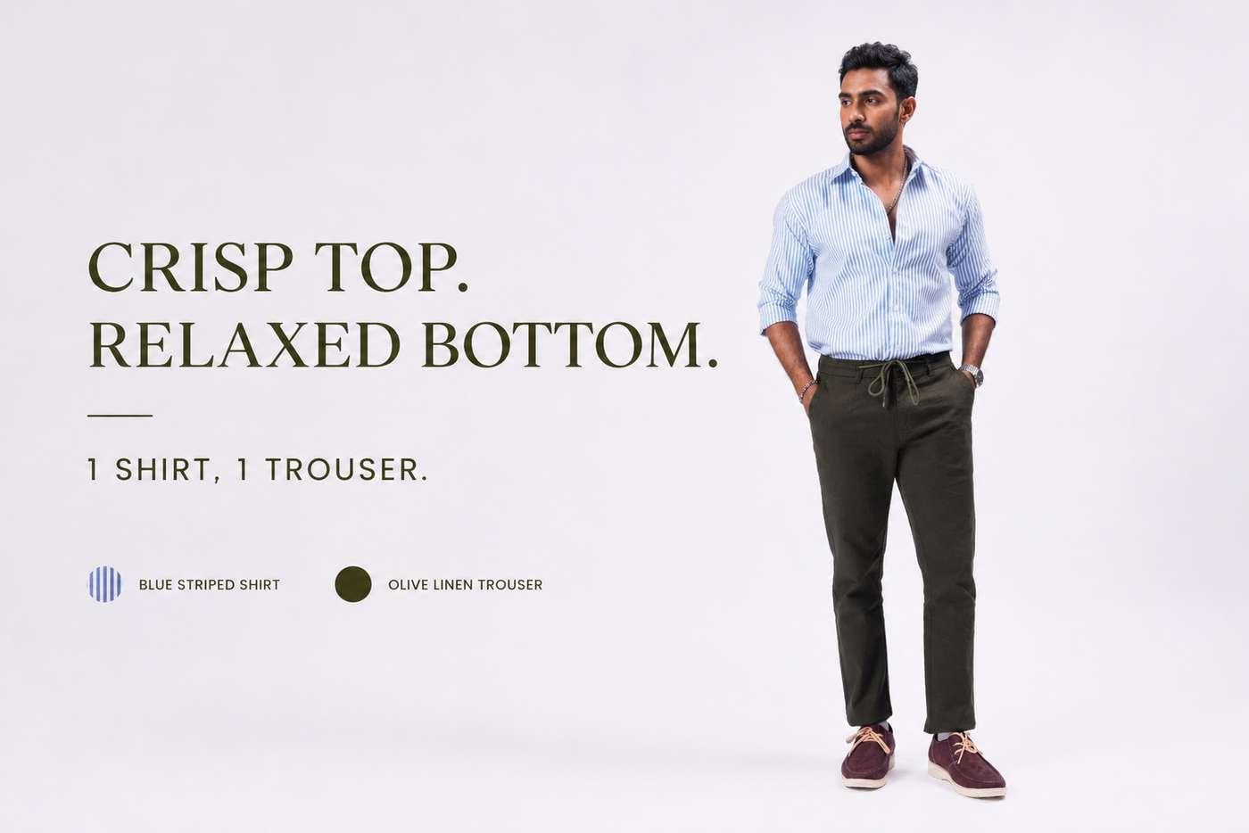 Blue Striped Oxford Cotton Shirt & Olive Linen Pant Regular Fit Combo