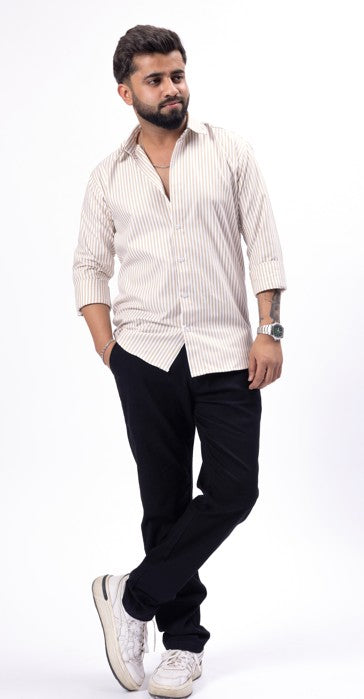 Mocha Brown Striped Oxford Cotton Shirt & Black Linen Pant Regular Fit Combo