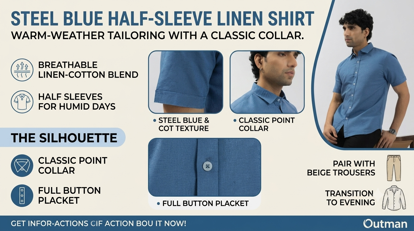 Steel Blue Half Sleeve Linen Shirt for Men | Pure Linen Blend
