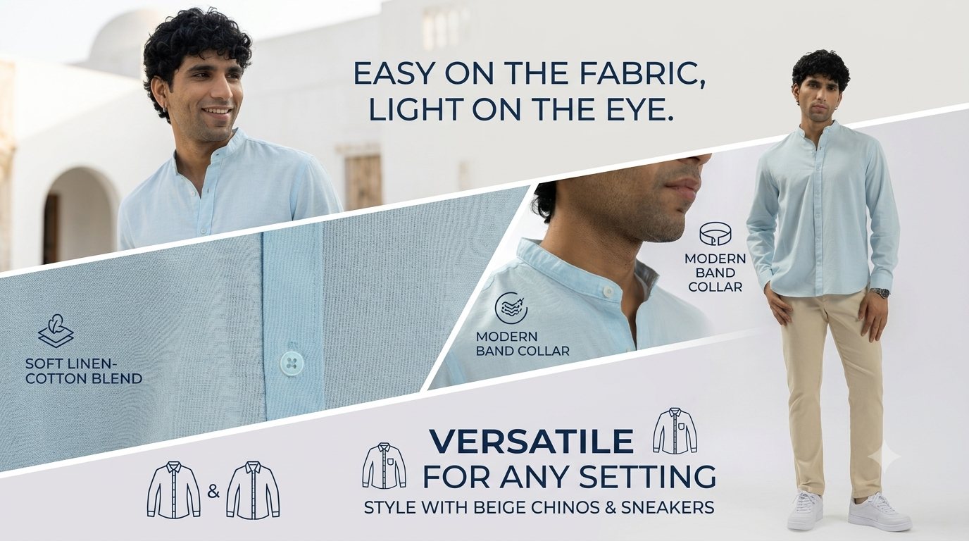 Sky Blue Mandarin Collar Shirt | Pure Linen Blend Full Sleeves