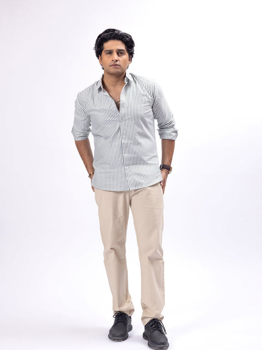 Olive Striped Oxford Cotton Shirt & Beige Linen Pant Regular Fit Combo