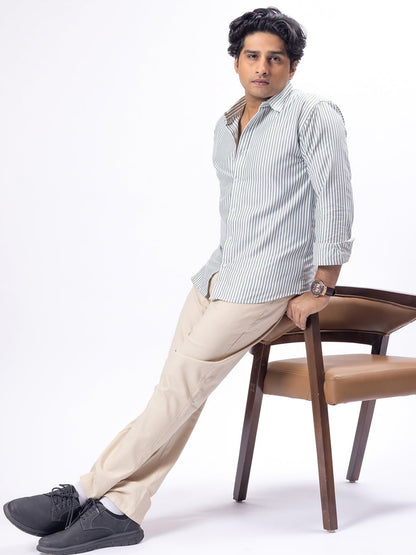 Olive Striped Oxford Cotton Shirt & Beige Linen Pant Regular Fit Combo