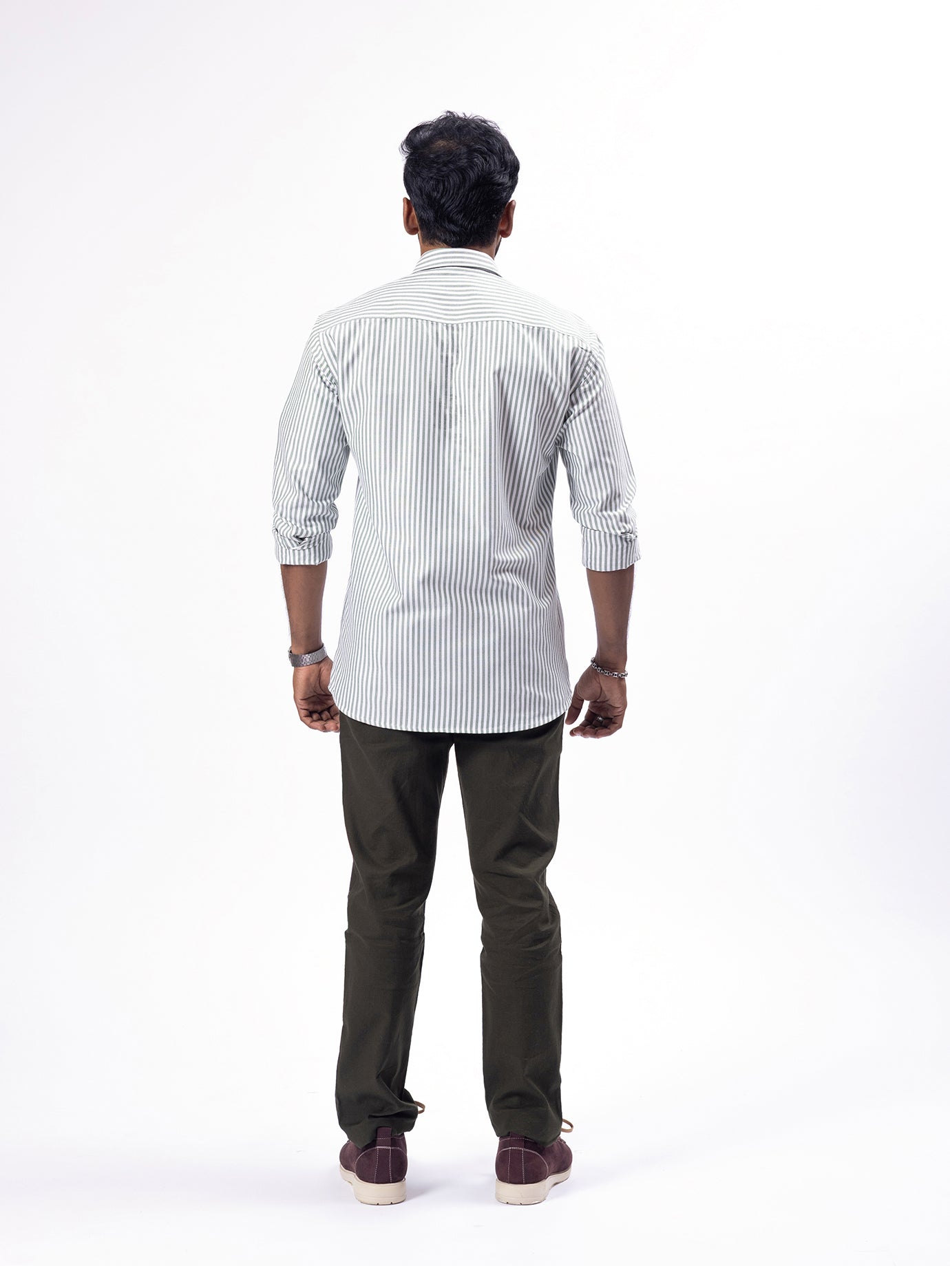 Olive Green Striped 100% Oxford Cotton Shirt