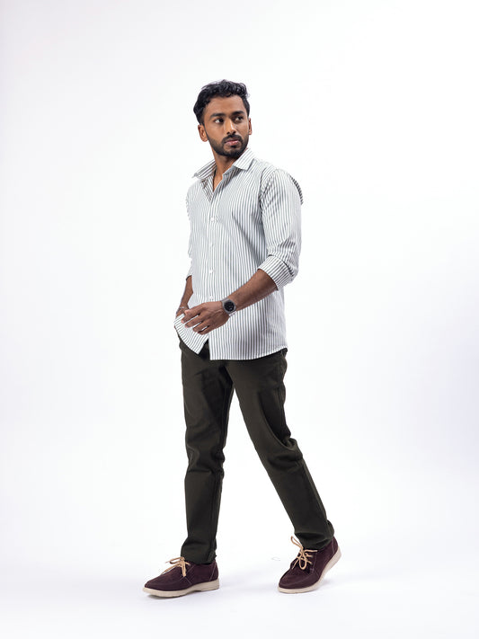 Olive Green Striped 100% Oxford Cotton Shirt