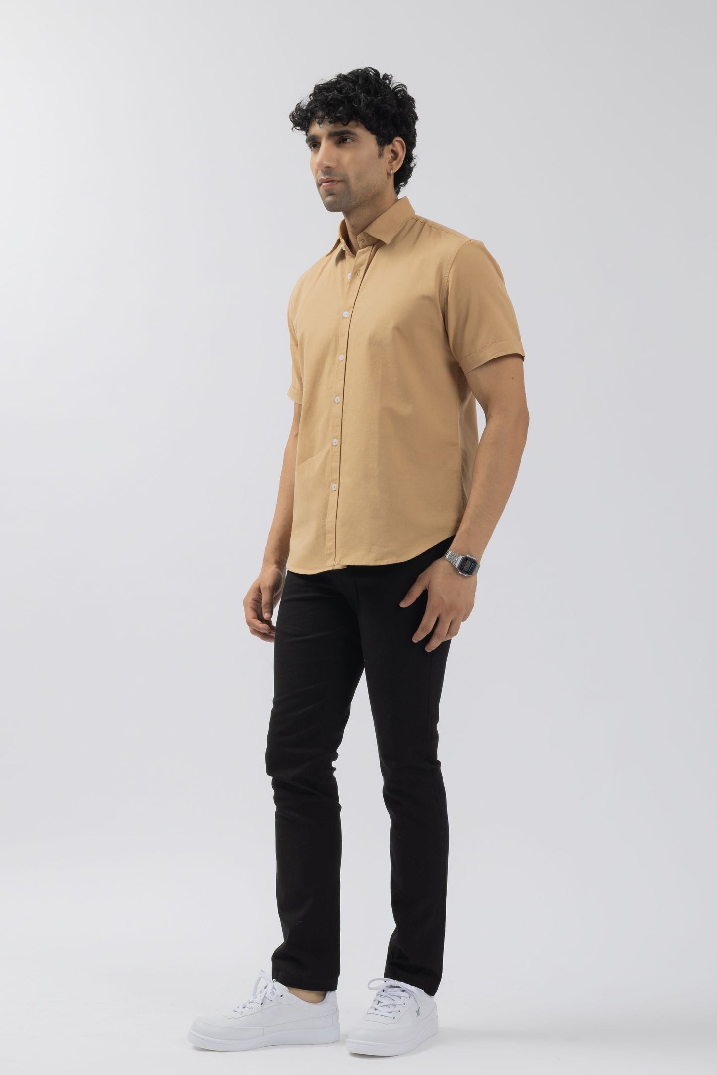 Camel Tan Half-Sleeve Linen Blend Shirt